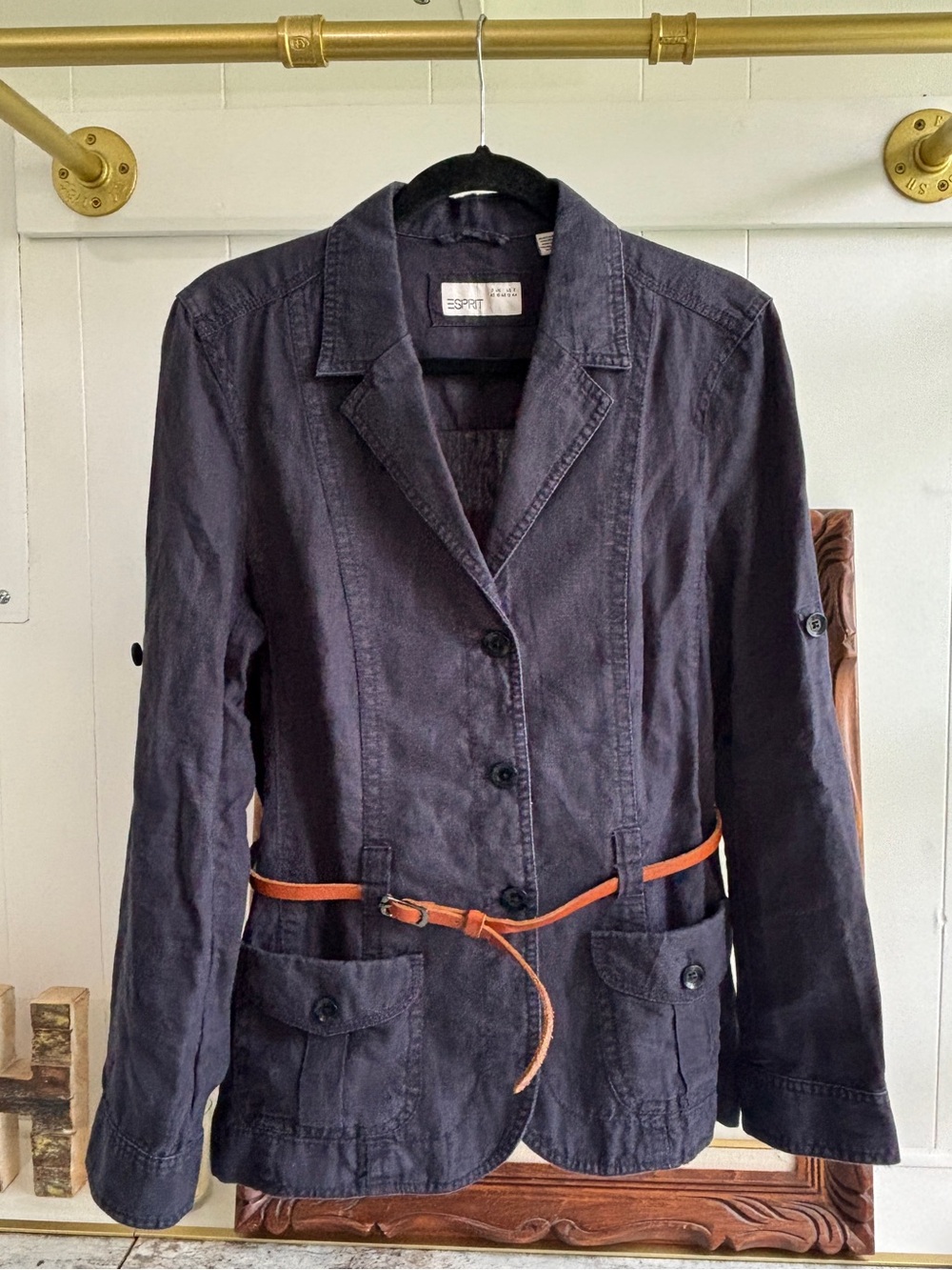 Esprit Navy Linen Utility Safari Jacket with Leather Belt Blazer Y2k 12 Large